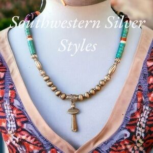 Vintage Native American Navajo Style Silver Turquoise Squash Blossom Necklace